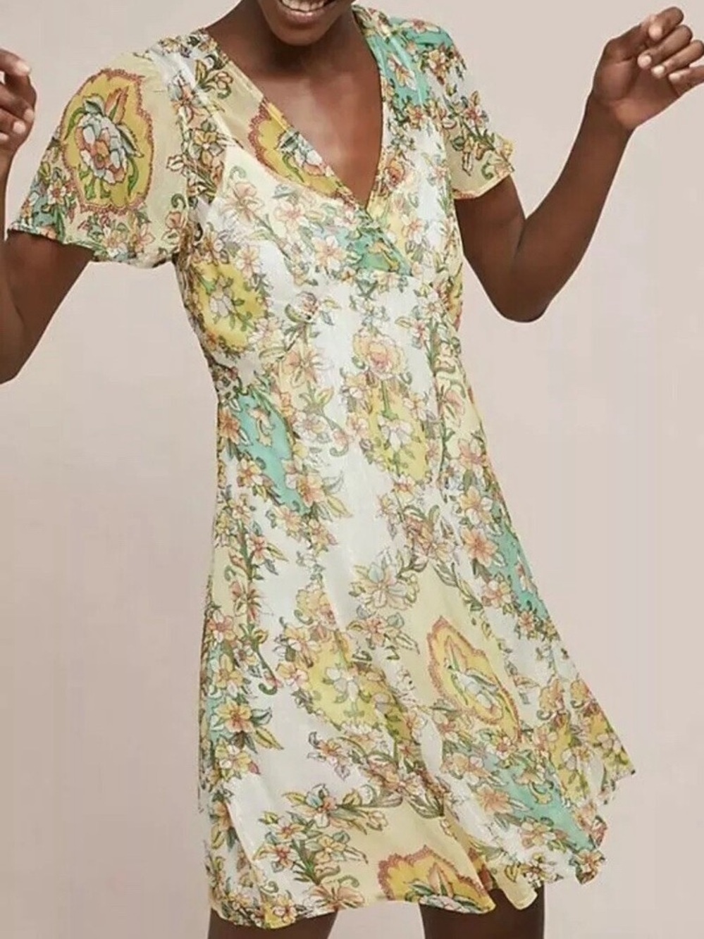 Anthropologie Floral V-Neck Short Sleeve Dress in Mint & Yellow